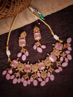 GRIIHAM - Nayantara Premium Gold Plated Pastel Pink Choker Set
