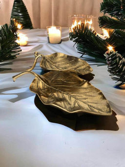 At Home by Nilkamal - Decorative Ripple 40 Cm Metal Leaf Platter Gold