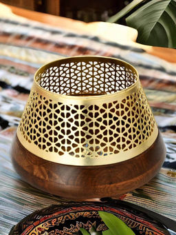 At Home by Nilkamal - Upper Jali Cutwork Wooden & Metal Bowl Brown