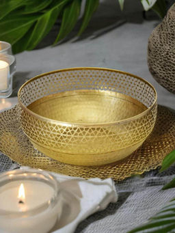 At Home by Nilkamal - Hexagonal Cutwork Metal Urli Bowl Gold