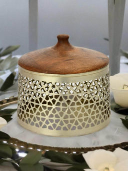 At Home by Nilkamal - Jali with Lid Candles Holder|Pack of 1|16.6 cm x 14.8 cm|Brown & Gold
