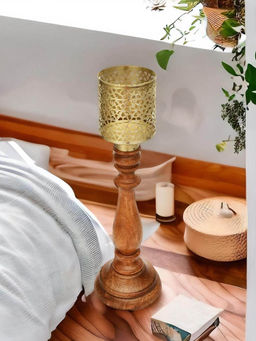 At Home by Nilkamal - Decorative Wooden & Metal Jali Big Candle Holder Brown