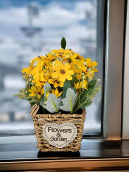 At Home by Nilkamal - Daisy Artificial Flower Basket Potted Plant|18.5 x 20.5 cm|Yellow