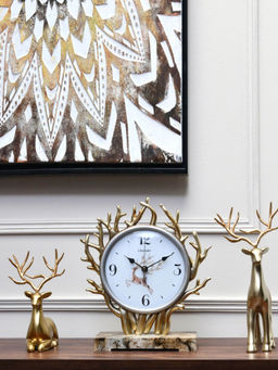 At Home by Nilkamal - Deer Showpiece & Table Clock Combo Gold