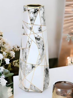 At Home by Nilkamal - Marble Lines Decorative Ceramic Vase White