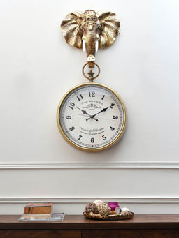 At Home by Nilkamal - Elephant Holding Wall Clock|Size - 37 cm x 76 cm|Gold