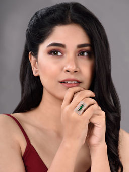 Saraf RS Jewellery - Rose Gold Plated Green Studded Solitaire Adjustable Cocktail Finger Ring