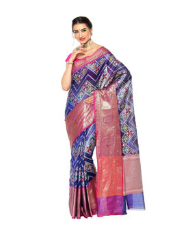 Banarasi Silk Works - Blue Katan Silk Meena Ikat Patola Pattu Border Saree with Unstitched Blouse