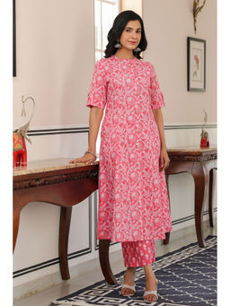 PIROH - Women's Cotton Printed A-Line Kurta & Palazzo Dark Pink (Set of 2)