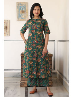PIROH - Women's Cotton Printed A-Line Kurta & Palazzo Dark Green (Set of 2)