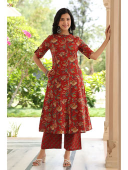 PIROH - Women's Cotton Printed A-Line Kurta & Palazzo Red (Set of 2)