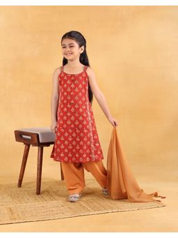 Fabindia - Red Cotton Kalamkari Printed Kurta Salwar & Dupatta
