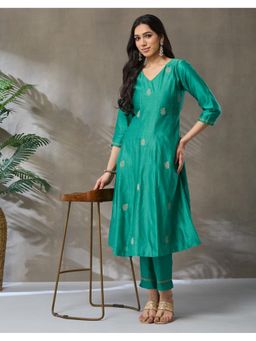 Fabindia - Green Cotton Silk Embroidered Slim Fit Pant and Kurta Set