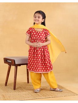 Fabindia - Red Cotton Hand Block Printed Kurta Salwar & Dupatta