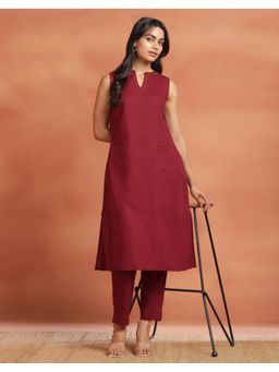 Fabindia - Maroon Cotton Hand Embroidered Pant and Kurta Set