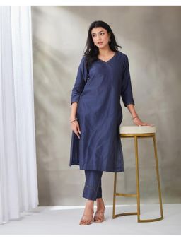Fabindia - Blue Silk Embroidered Pant and Kurta Set