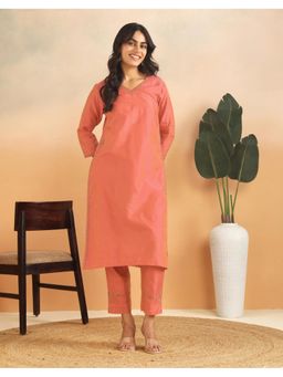 Fabindia - Orange Cotton Silk Embroidered Pant and Kurta Set