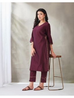 Fabindia - Wine Silk Embroidered Pant and Kurta Set