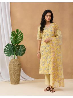 Fabindia - Yellow Cotton Printed Floral Pant Dupatta and Kurta Set