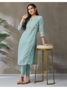 Fabindia - Turquoise Cotton Silk Embroidered Pant and Kurta Set