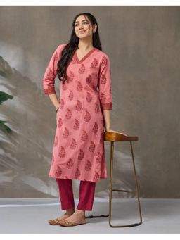 Fabindia - Pink Cotton Printed Buta Pant and Kurta Set
