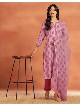 Fabindia - Purple Cotton Printed Buta Pant Dupatta and Kurta Set