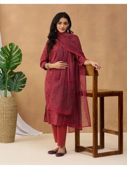 Fabindia - Maroon Cotton Printed Floral Dupatta Pant and Kurta Set