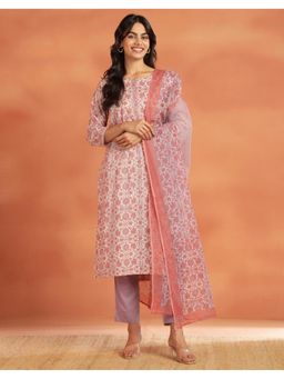 Fabindia - Natural Cotton Printed Floral Pant Dupatta and Kurta Set