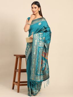 Akhilam - Womens Silk Blend Teal Blue Woven Design Designer Saree with Unstitched Blouse