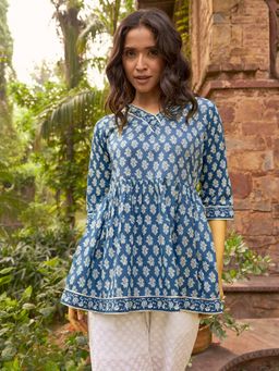 Libas - Blue Cotton Floral Printed A-Line Tunic