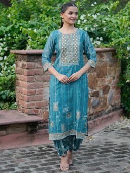 Libas - Women Blue Floral Printed Chanderi Silk Kurta Yoke With Embellished Design