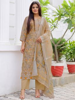Libas - Women Taupe Chanderi Silk Floral Printed Kurta with Pant and Dupatta (Set of 3)