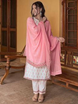 Libas - Women Off White Pure Cotton Floral Printed Kurta with Pant and Dupatta (Set of 3)