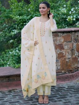 Libas - Womens Off White Embroidered Kurta with Pant and Dupatta (Set of 3)