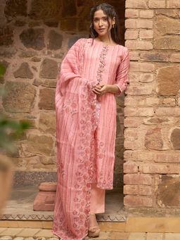 Libas - Womens Pink Stripes Kurta with Pant and Dupatta (Set of 3)