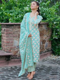 Libas - Womens Turquoise Floral Kurta with Pant and Dupatta (Set of 3)