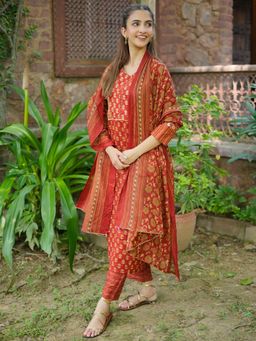Libas - Womens Red Floral Kurta with Pant and Dupatta (Set of 3)