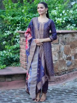Libas - Womens Navy Blue Woven Kurta with Pant and Dupatta (Set of 3)