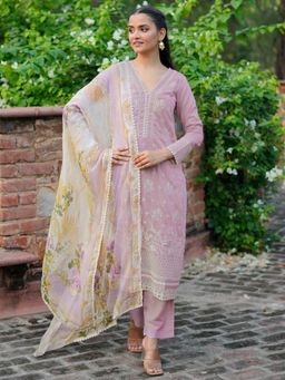 Libas - Womens Lavender Embroidered Kurta with Pant and Dupatta (Set of 3)