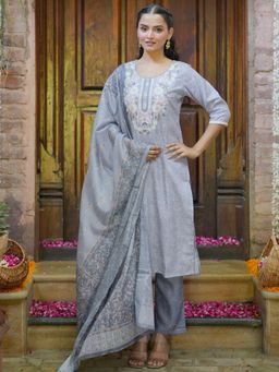 Libas - Womens Grey Floral Kurta with Pant and Dupatta (Set of 3)