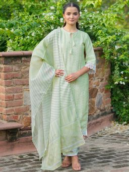 Libas - Womens Green Embroidered Kurta with Pant and Dupatta (Set of 3)