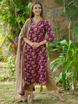 Libas - Womens Purple Floral Kurta with Pant and Dupatta (Set of 3)