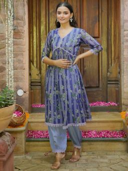 Libas - Women Blue Georgette Floral Anarkali Kurta with Salwar (Set of 2)