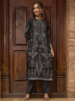 Libas - Women Black Crepe Floral Kurta with Pant (Set of 2)