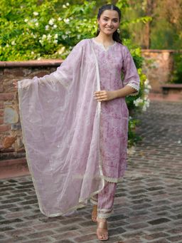 Libas - Women Purple Cotton Blend Printed Kurta with Pant and Dupatta (Set of 3)