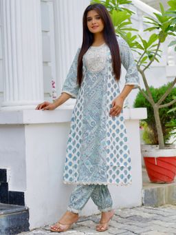 Libas - Women Blue Silk Blend Printed Kurta with Salwar (Set of 2)