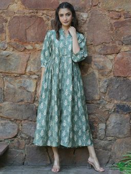 Libas - Green Printed Dress with a Flared Style & Pocket