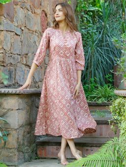 Libas - Peach Ethnic Motif Printed Midi Dress with Pocket