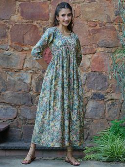 Libas - Grey Floral Printed Fit & Flared Pleated Dress