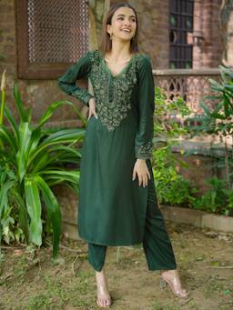 Libas - Womens Green Embroidered Kurta with Pant (Set of 2)